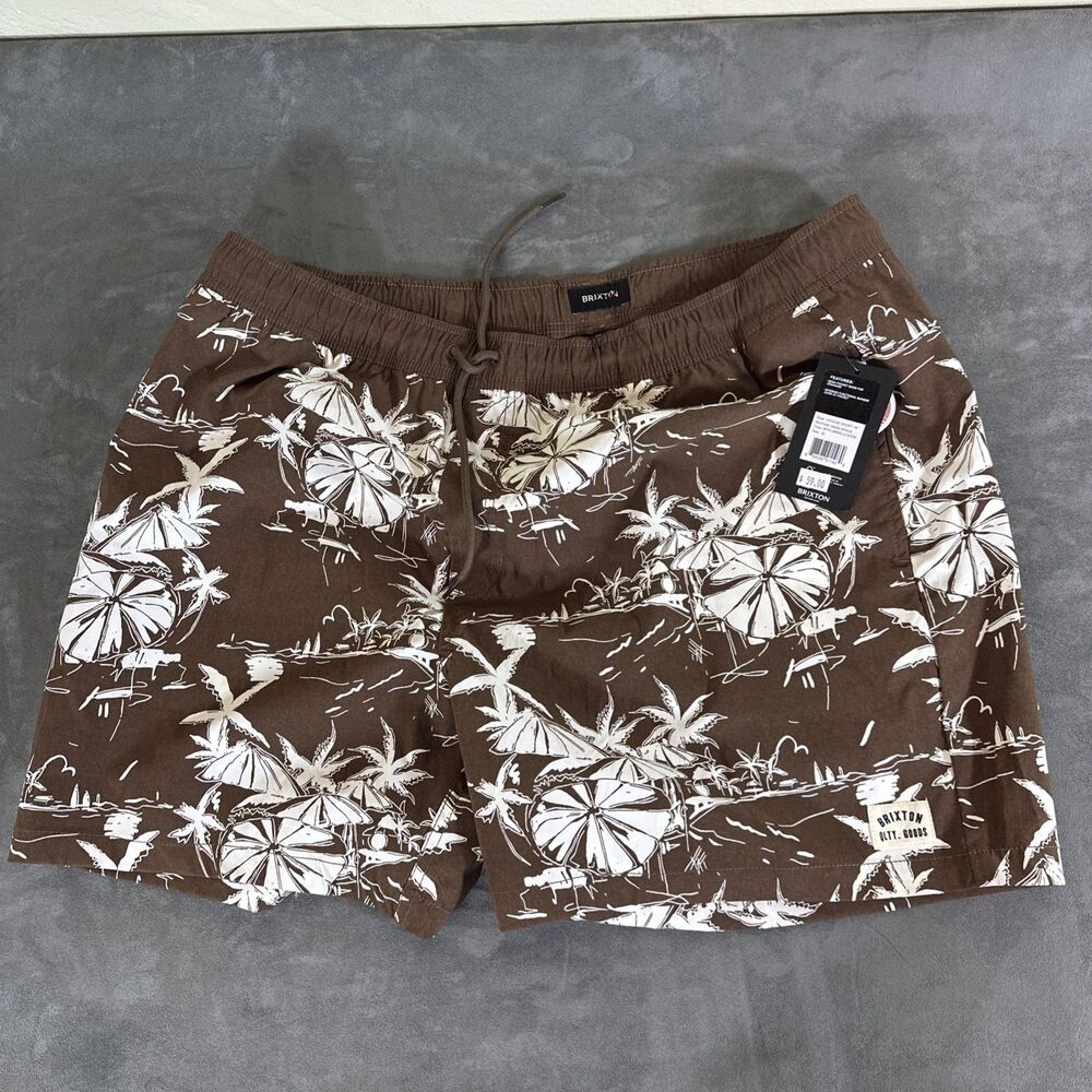 NWT Brixton Brown Stretch Swim Shorts Trunks Tropical Umbrellas Mesh Pockets